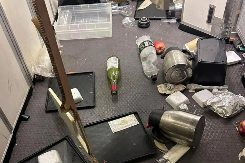 The interior of Singapore Airlines Flight SQ321 after an emergency landing at Bangkok's Suvarnabhumi Airport. 