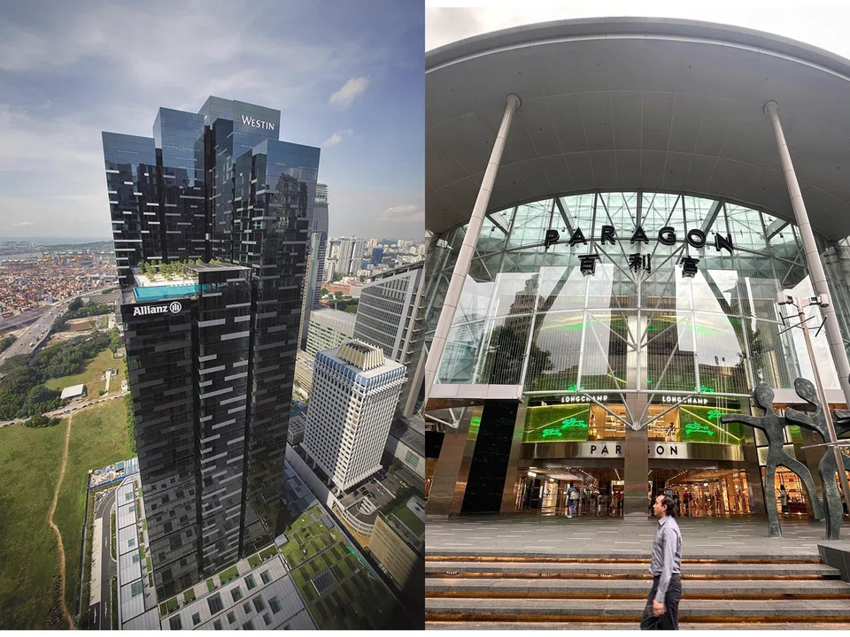 CICT's purchase of Paragon mall (right) will be funded with funds from the divestment of Asia Square Tower 2 (left).