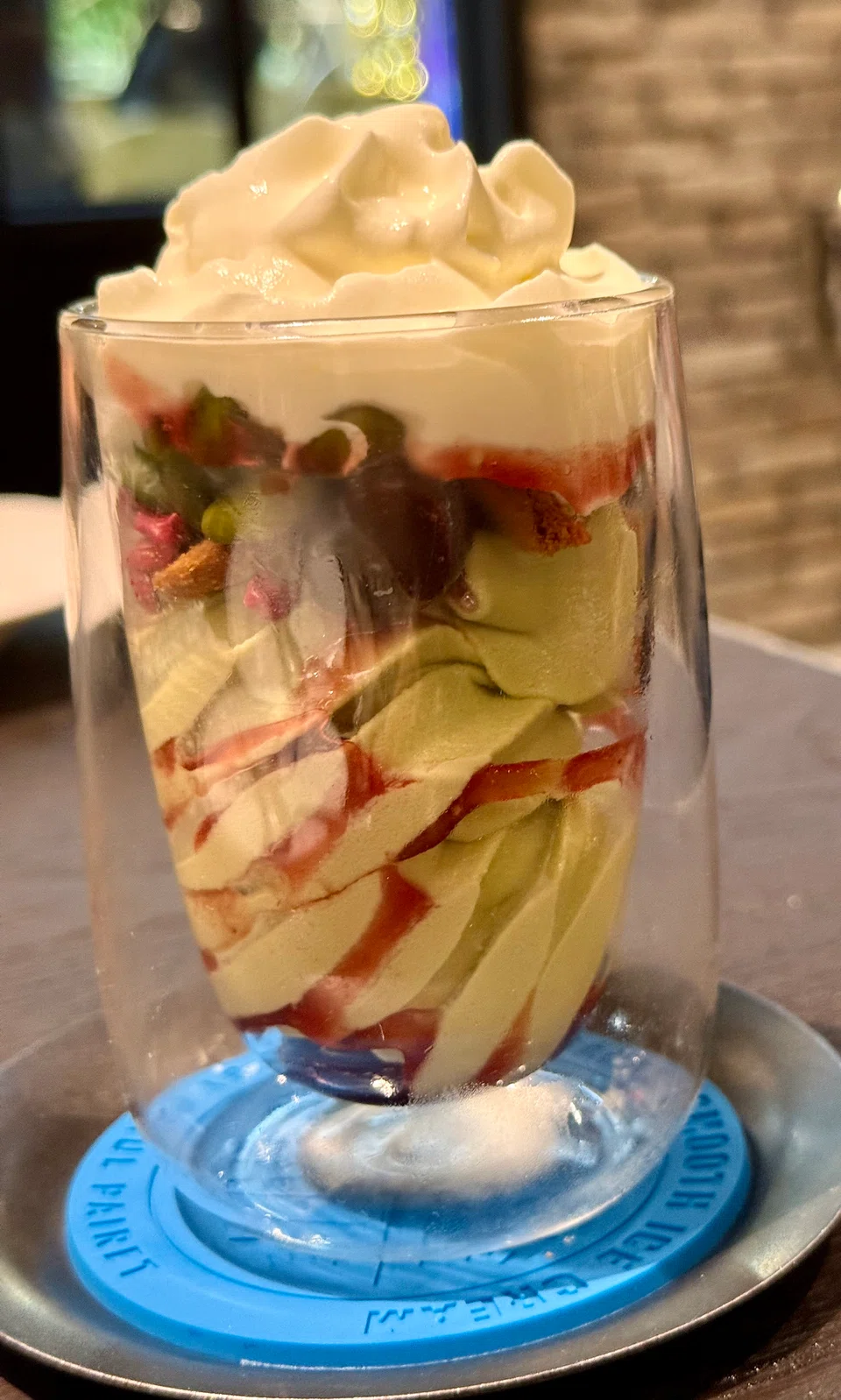 Pistachio cherries sundae.