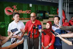 Senior Minister Tharman Shanmugaratnam and his fellow Jurong GRC MPs (from left) Shawn Huang, Rahayu Mahzam and Xie Yao Quan at the opening of ActiveSG Sport Village @ Jurong Town on Sunday; Tharman says: "Having a contest is important for me. I much rather win or lose with the contest. My whole approach is not to shy away from competition, it has always been that way. It’s how I prove myself."