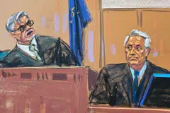 Justice Juan Merchan scolds witness Robert Costello as he momentarily clears the courtroom during former U.S President Donald Trump's criminal trial on charges that he falsified business records to conceal money paid to silence porn star Stormy Daniels in 2016, in New York City, New York. May 20, 2024 in this courtroom sketch. 