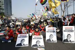 Demonstrators against impeached South Korean President Yoon Suk Yeol gather at a rally near the Constitutional Court in Seoul, South Korea, April 4, 2025. South Korea has been effectively leaderless since December when Yoon attempted to subvert civilian rule but was quickly impeached by law.