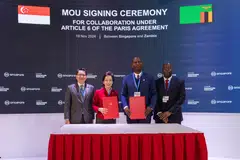 Participants at the signing ceremony were (from left) permanent secretary at Singapore's Ministry of Sustainability and Environment  Stanley Loh, Sustainability and Environment minister Grace Fu, Zambia's Green Economy and Environment minister Mike Mposha, and his ministry's permanent secretary  Douty Chibamba.