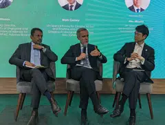 From left: Ravi Menon, managing director of the Monetary Authority of Singapore, Mark Carney, co-chair of the Glasgow Financial Alliance for Net Zero, and Hiro Mizuno, UN Special Envoy on Innovative Finance and Sustainable Investments. 