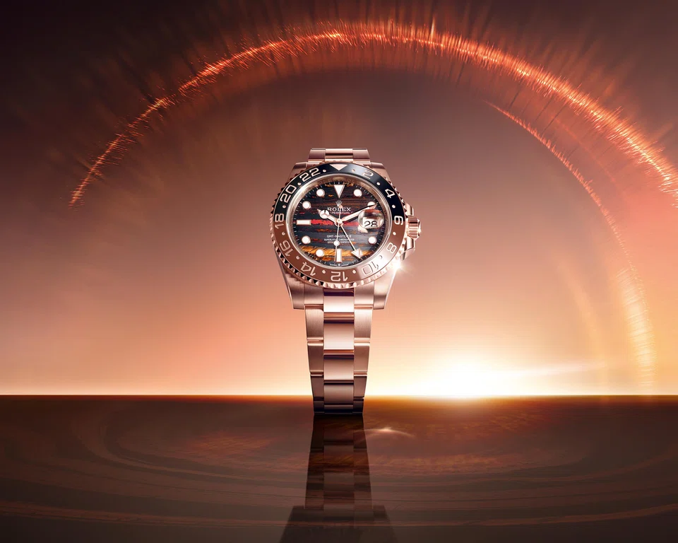 The GMT Master II has a tiger iron dial and an 18-carat Everose gold case.