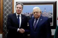 US Secretary of State Antony Blinken (left) repeated his endorsement of a two-state solution during his meeting with Palestinian President Mahmoud Abbas.