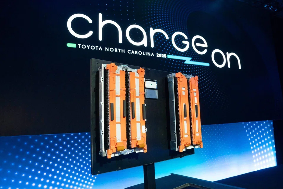 A Toyota battery is displayed during a grand opening event at Toyota's battery manufacturing plant in Liberty, North Carolina, Nov 12, 2025. 
