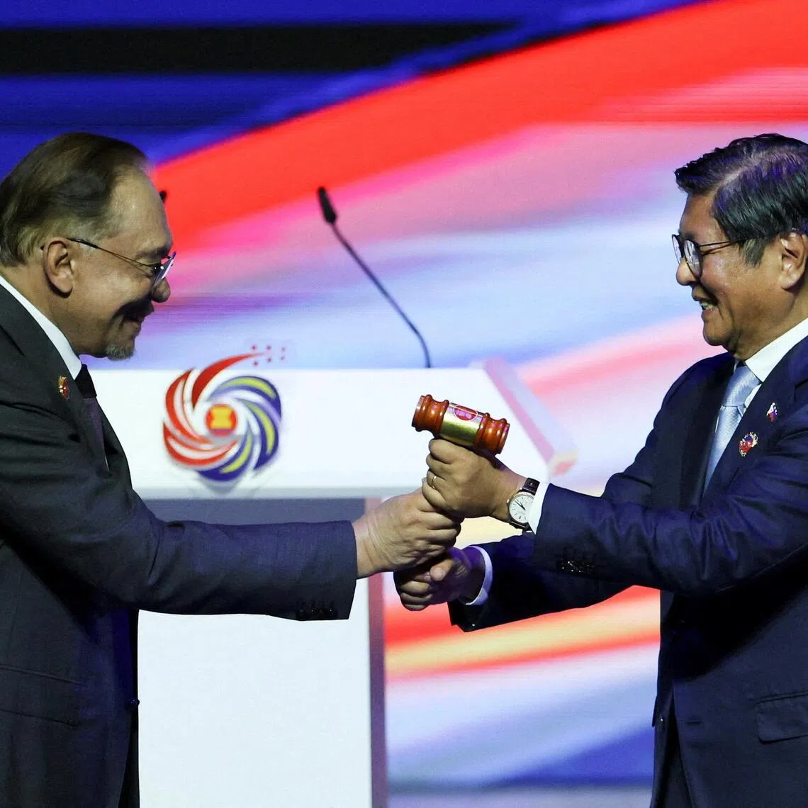 Philippine President Ferdinand Marcos Jr (right) with Malaysian Prime Minister Anwar Ibrahim at the ceremonial handover of the Asean chairmanship last October. The archipelago has a bold economic agenda, but its ability to deliver may be tested by domestic headwinds.   