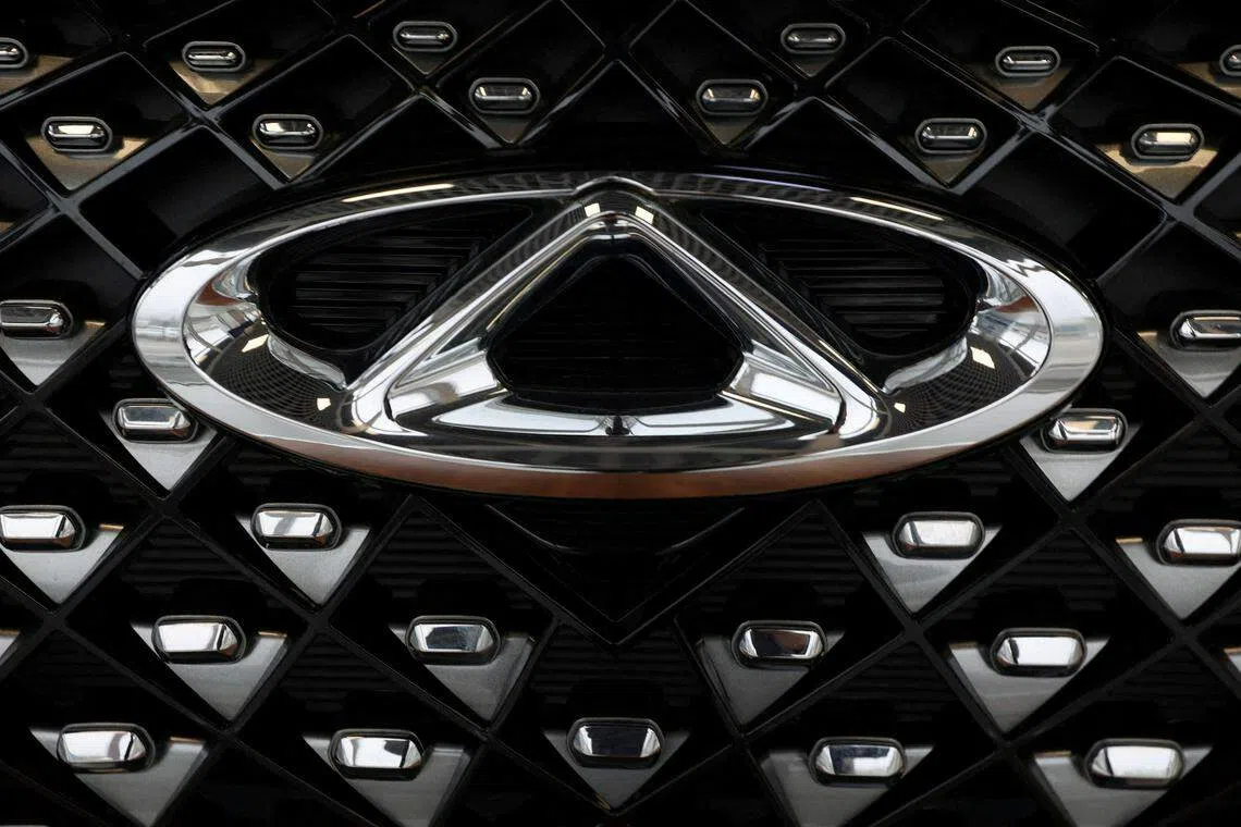 FILE PHOTO: A view shows a car logo of Chinese automobile manufacturer Chery at a dealership in Vladivostok, Russia, March 22, 2023. REUTERS/Tatiana Meel/File Photo