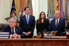 (From left) US President Donald Trump, US Secretary of State Marco Rubio, Lebanon Ambassador to the US Nada Hamadeh Moawad and US Ambassador to Lebanon Michel Issa in the Oval Office at the White House on Apr 23. 