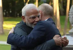 Russian President Vladimir Putin welcomes Indian Prime Minister Narendra Modi (left) before their official meeting in Novo-Ogaryovo residence outside Moscow, Russia, July 8, 2024.