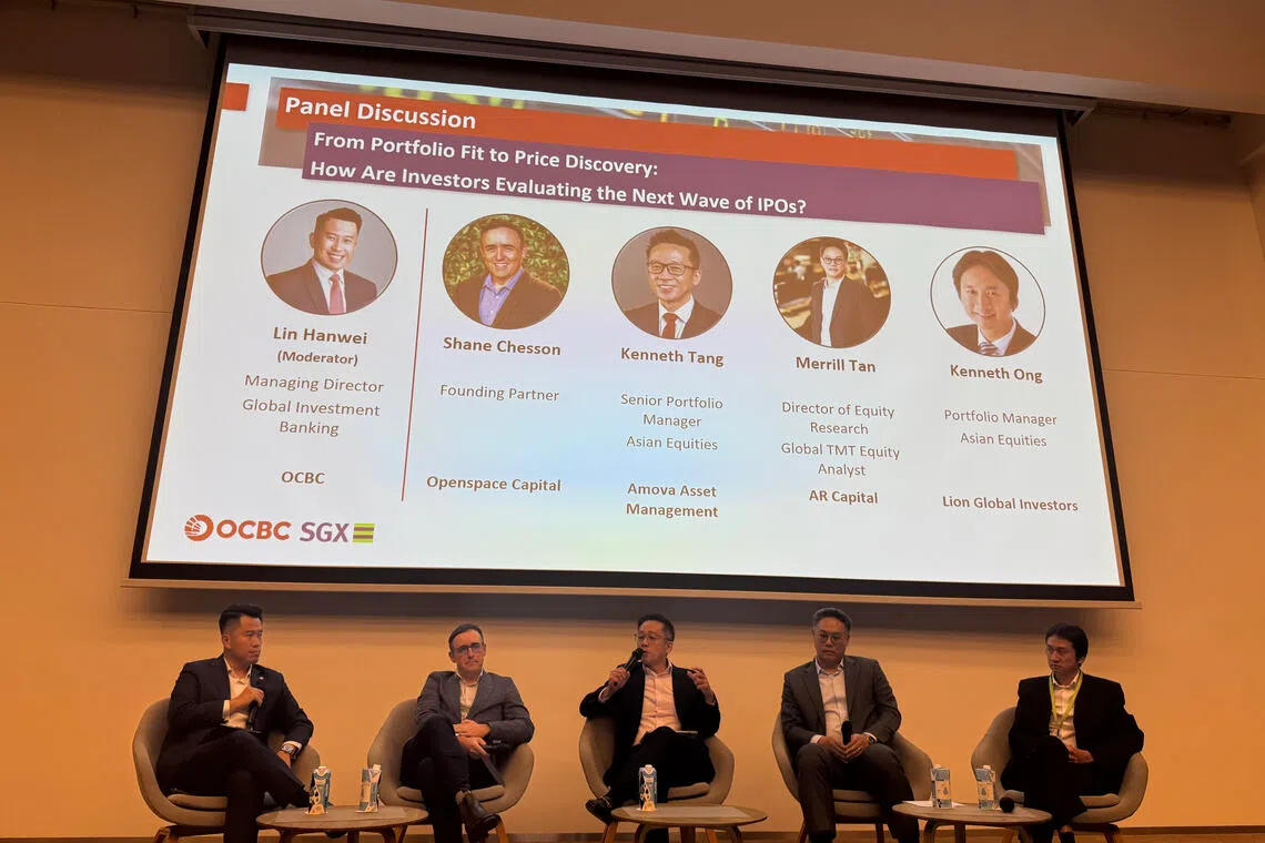 From left: Moderator Lin Hanwei, managing director for global investment banking at OCBC, with panellists Shane Chesson, founding partner at Openspace Capital; Kenneth Tang, senior portfolio manager for Asian equities at Amova Asset Management; Merrill Tan, director of equity research and global technology, media, telecommunications equity analyst at AR Capital; and Kenneth Ong, portfolio manager for Asian equities at Lion Global Investors.