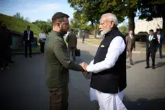 Ukrainian President Volodymyr Zelensky (L) and Indian Prime Minister Narendra meeting in Kyiv. Modi says he comes to Kyiv with a message of peace and calls for dialogue between Russia and Ukraine at the earliest opportunity.
