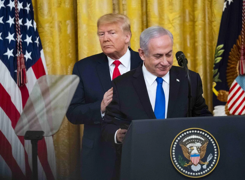 File photo of then-US President Donald Trump (left) with Israeli Prime Minister Benjamin Netanyahu during a joint news conference at the White House, Washington, Jan 28, 2020. The meeting will be their first since the end of Trump’s presidency, during which the two forged close ties, and comes at a time of strains also between Netanyahu and Democratic President Joe Biden over Israel’s war against Hamas militants in Gaza.