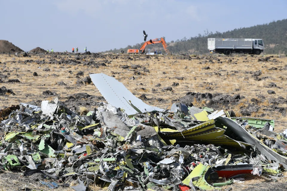 A heap of debris from the wreckage of an Ethiopia Airlines Boeing 737 Max 8 aircraft are piled at the crash site near Bishoftu, Ethiopia, Mar 13, 2019. Ethiopian Airlines flight ET 302 carrying 149 passengers and 8 crew was en route to Nairobi, Kenya, when it crashed on Mar 10, 2019.
