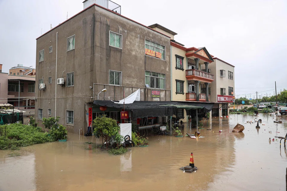 A partially submerged building following heavy rains caused by Typhoon Haikui in Xiamen, in China's southern Fujian province, in September 2023. 