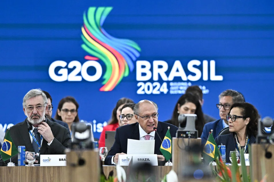 Brazil's Vice-President Geraldo Alckmin (centre) speaks during the G20 Trade and Investment Ministerial Meeting in Brasilia, Brazil, Oct 24, 2024. Alckmin opened a meeting of the G20 Trade group with a call to build 'fairer' trade relations that promote global economic growth.  