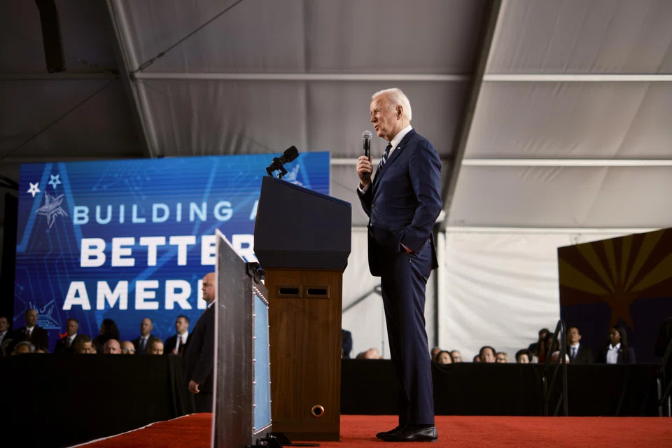US President Joe Biden delivers remarks after touring the Taiwan Semiconductor Manufacturing Co’s facility in Phoenix on Dec 6, 2022. TSMC plans to outline a US$40 billion plan to expand and upgrade its US production hub in Phoenix. 