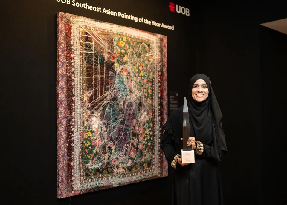 Jamilah Haji takes the top prize at UOB Painting of the Year 2025, a competition that runs concurrently in five South-east Asian countries.