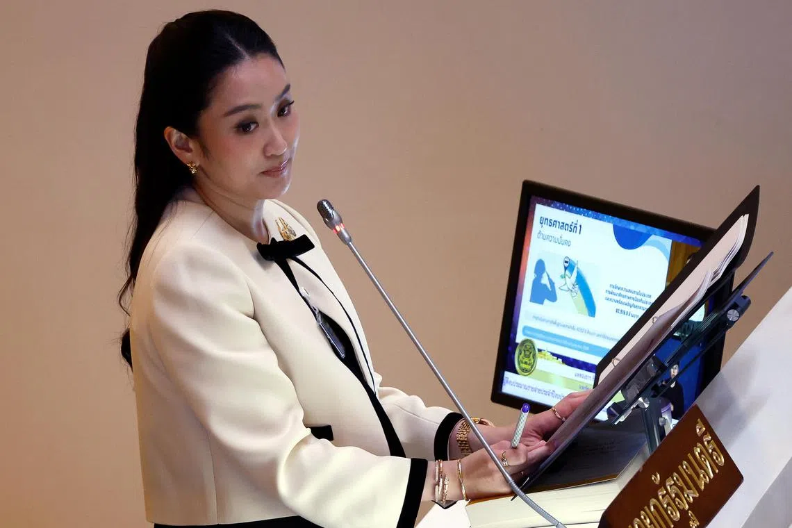 Thailand Prime Minister Paetongtarn Shinawatra speaks during a parliament session on the budget for 2026 fiscal year in Bangkok on 28 May.