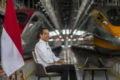Joko Widodo, Indonesia's president, at Tegalluar station ahead of an interview in front of Jakarta-Bandung High-Speed Railway trains in West Java, Indonesia, on Tuesday, Sept. 19, 2023. Indonesia’s outgoing president said Southeast Asia’s largest economy can attain its fastest expansion in three decades under the next leader, who will build on the reforms he’s trying to cement. Photographer: Rosa Panggabean/Bloomberg