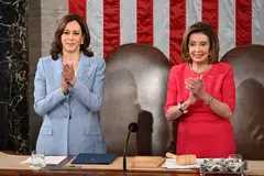 US Vice-President Kamala Harris (left) on July 22, 2024 won the crucial backing of Democratic heavyweight Nancy Pelosi to lead the party against Donald Trump in November.