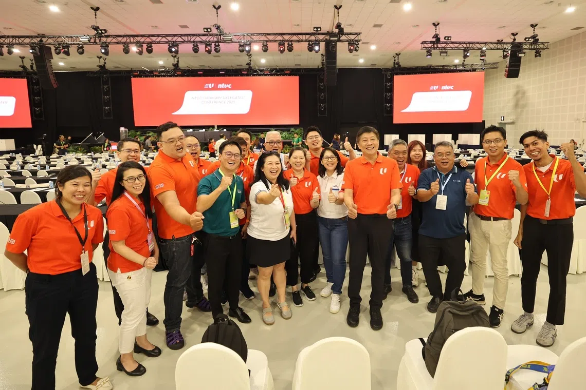 NTUC secretary-general Ng Chee Meng (fifth from right) with representatives from the three Platform Work Associations at NTUC Ordinary Delegates' Conference 2025. 