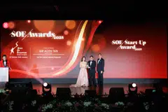 From left: Novie Djayayanti Tjoa, SOE president; Timothy Wee, founder and CEO of Chat4Good; and Richard Eu, SOE honorary president.