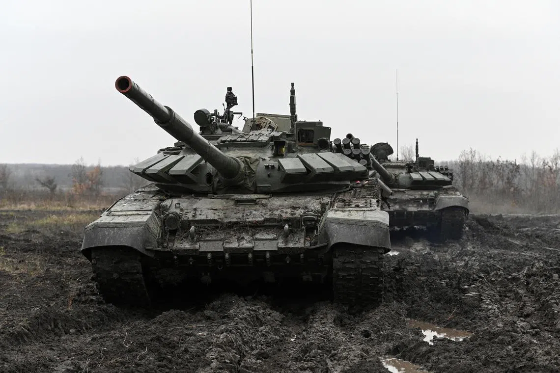 Russian T-72 tanks are seen during military drills in the southern Krasnodar region, Russia, Dec 2, 2024. Russia’s military expenditure reached an estimated US$149 billion in 2024, a 38 per cent increase from 2023 and double the level in 2015.
