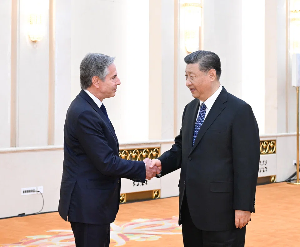 US Secretary of State Antony Blinken meeting Chinese President Xi Jinping at the Great Hall of the People in Beijing, China, on Apr 26 during a three-day visit to China.  