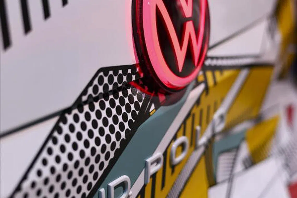 A VW logo on the trunk of an ID.Polo on display at the International Motor Show Germany IAA Mobility 2025 in Munich.