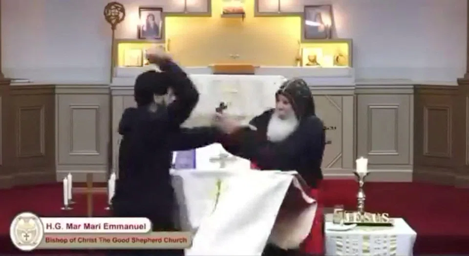 This still image from social media livestream video obtained by Reuters shows a man stabbing Bishop Mar Mari Emmanuel during a church service at Christ The Good Shepherd Church in Wakeley, Sydney on April 15, 2024.