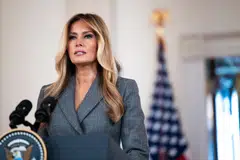 US First Lady Melania Trump delivers a statement from the White House denying any ties with Jeffrey Epstein, Washington, D.C., April 9, 2026. 