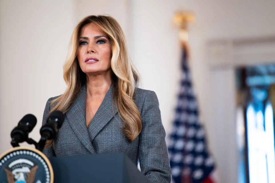 US First Lady Melania Trump delivers a statement from the White House denying any ties with Jeffrey Epstein, Washington, D.C., April 9, 2026. 