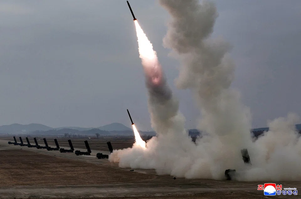 A test-launch of rocket launchers in North Korea on Mar 14. 