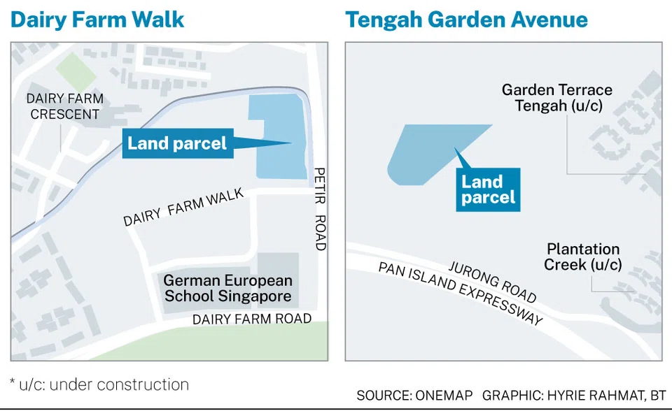 The two state-land sites at Dairy Farm Walk and Tengah Garden Avenue are expected to yield around 1,400 new private homes.