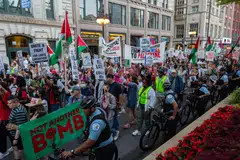 Pro-Palestine protesters march ahead of the Democratic National Convention (Aug 19 to 22, 2024) on Aug 18 in Chicago, Illinois, echoing the August 1968 riots at the Democratic convention in the same city.