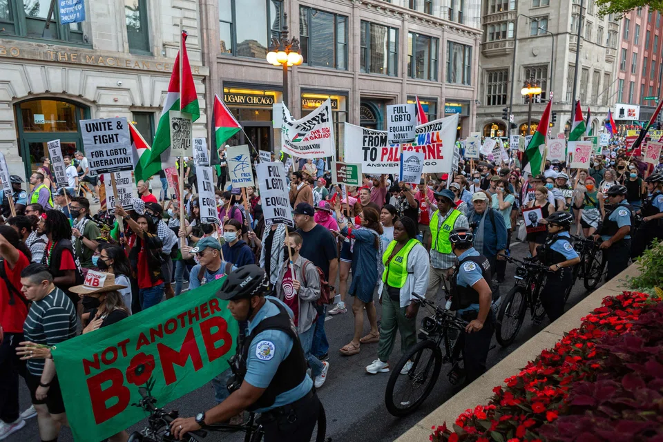 Pro-Palestine protesters march ahead of the Democratic National Convention (Aug 19 to 22, 2024) on Aug 18 in Chicago, Illinois, echoing the August 1968 riots at the Democratic convention in the same city.
