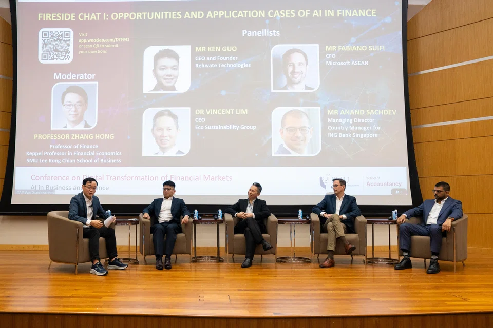 From left: SMU Professor of Finance Zhang Hong, chief executive of Revulate Technologies Ken Guo, chief executive of Eco Sustainability Group Vincent Lim, Microsoft (Asean)'s area chief financial officer Fabiano Siufi, and ING Bank Singapore's managing director and country manager Anand Sachdev.