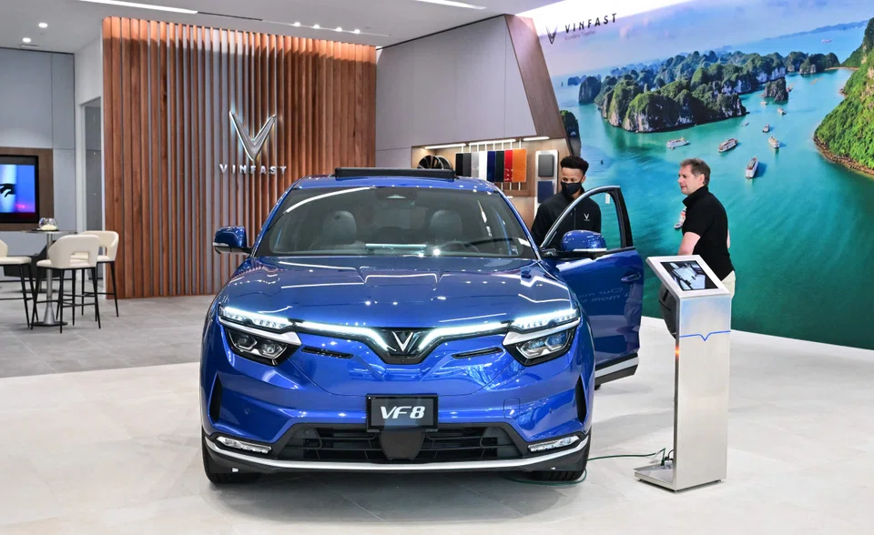 The VF-8 electric vehicle from VinFast, a Vietnamese automaker producing electric cars and SUVs, on display at their showroom in California. VinFast also wants its cars to hit the roads in Holland, Germany and France by end-2022.