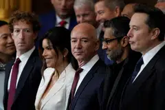 Tech moguls (from left) Mark Zuckerberg, Jeff Bezos, Sundar Pichai and Elon Musk attending Donald Trump's inauguration. Trumpism may represent the peak of the political cult of entrepreneurs.
