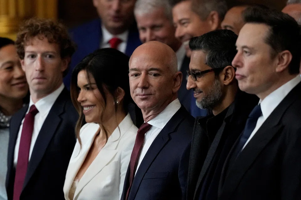 Tech moguls (from left) Mark Zuckerberg, Jeff Bezos, Sundar Pichai and Elon Musk attending Donald Trump's inauguration. Trumpism may represent the peak of the political cult of entrepreneurs.