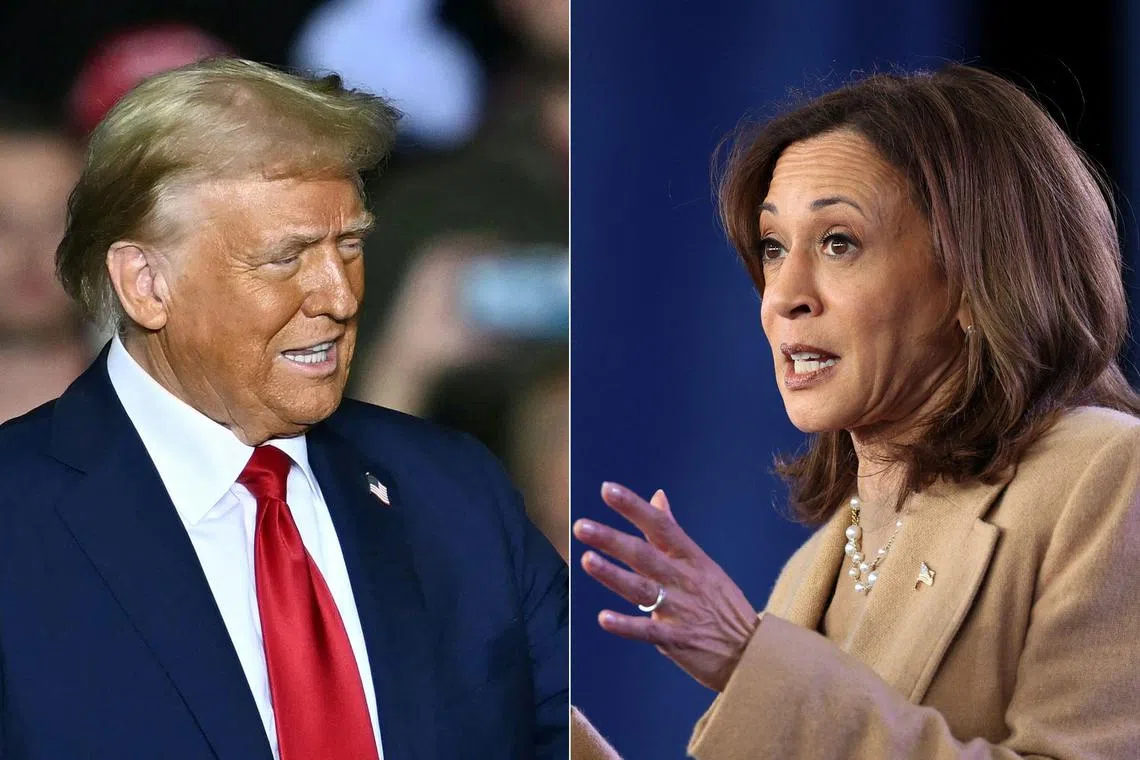 (COMBO) This combination of pictures created on November 03, 2024 shows
former US President and Republican presidential candidate Donald Trump (L) arrives to speak at a campaign rally at the PPL Center in Allentown, Pennsylvania, on October 29, 2024, and US Vice President and Democratic presidential candidate Kamala Harris (R) speaks during a campaign rally in Charlotte, North Carolina, on November 2, 2024. (Photo by ANGELA WEISS and CHARLY TRIBALLEAU / AFP)