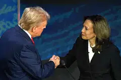 US Vice-President and Democratic presidential candidate Kamala Harris shakes hands with former US President and Republican presidential candidate Donald Trump during a presidential debate at the National Constitution Centre in Philadelphia, Pennsylvania on Sep 10.