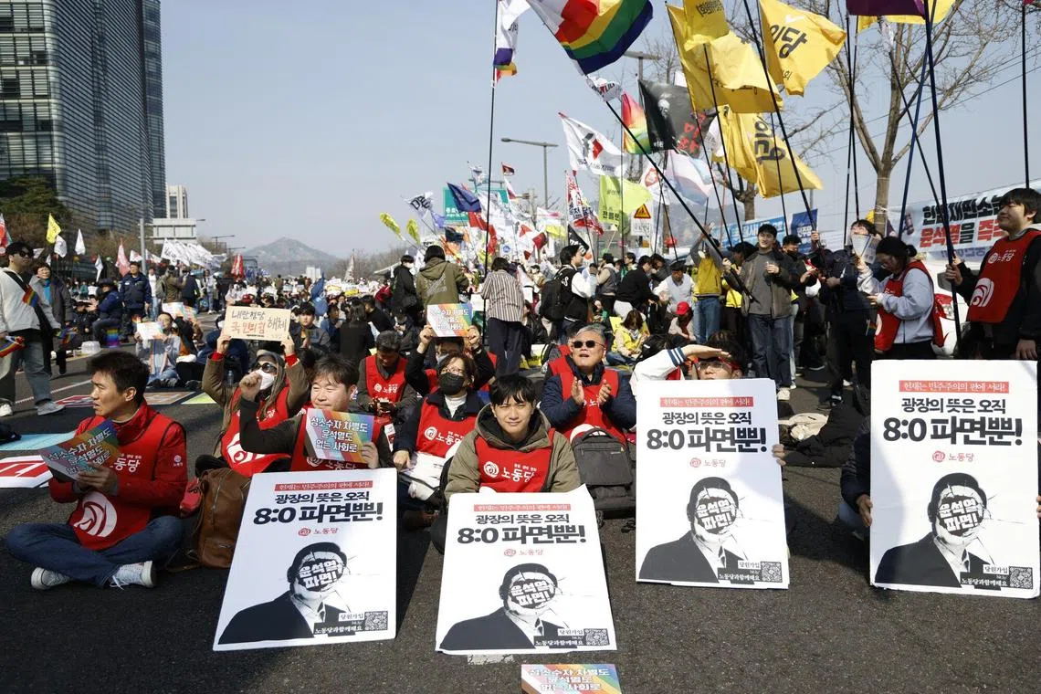 Demonstrators against impeached South Korean President Yoon Suk Yeol gather at a rally near the Constitutional Court in Seoul, South Korea, April 4, 2025. South Korea has been effectively leaderless since December when Yoon attempted to subvert civilian rule but was quickly impeached by law.