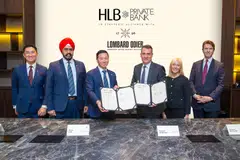 From left: HLB's Jeffrey Yap, managing director and head of regional wealth management; Malkit Singh Maan, chief financial officer; Kevin Lam, group managing director and CEO; Lombard Odier's Vincent Magnenat, Asia group regional head and global head of strategic alliances; Vanessa Raymundo, managing director, head of Asia private banking strategic alliances; Hubert Keller, senior managing partner, at the signing of the strategic alliance between the two banks. 
