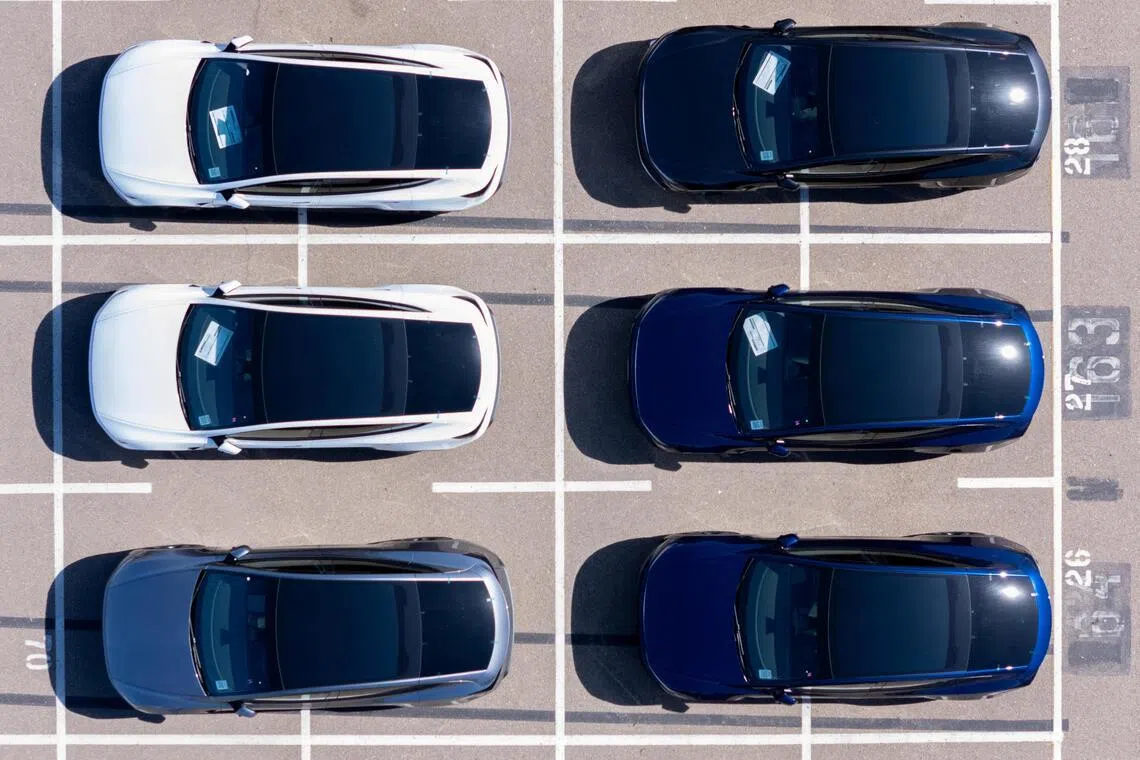 A drone view of Tesla Model Y electric vehicles. The company risks looking increasingly out of step with competitors' fresher designs.