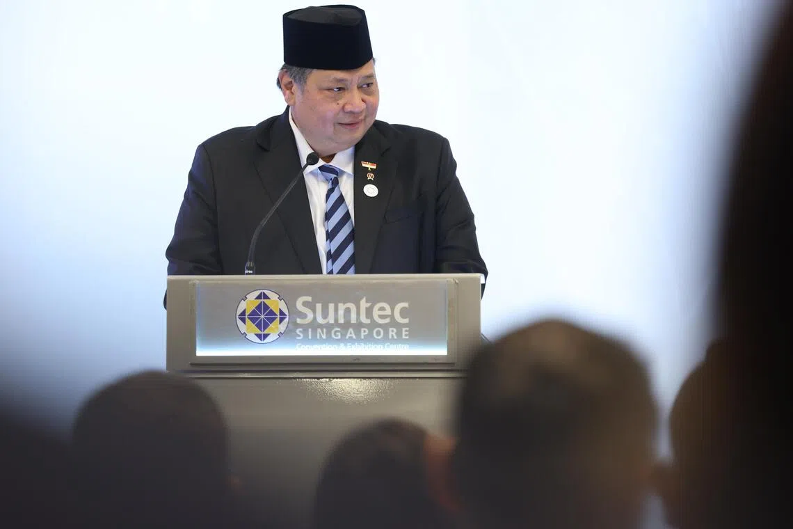 Airlangga Hartarto, Indonesia's Coordinating Minister for Economic Affairs, speaking at the "Islands of Growth" business forum in Singapore on Nov 18, 2025.