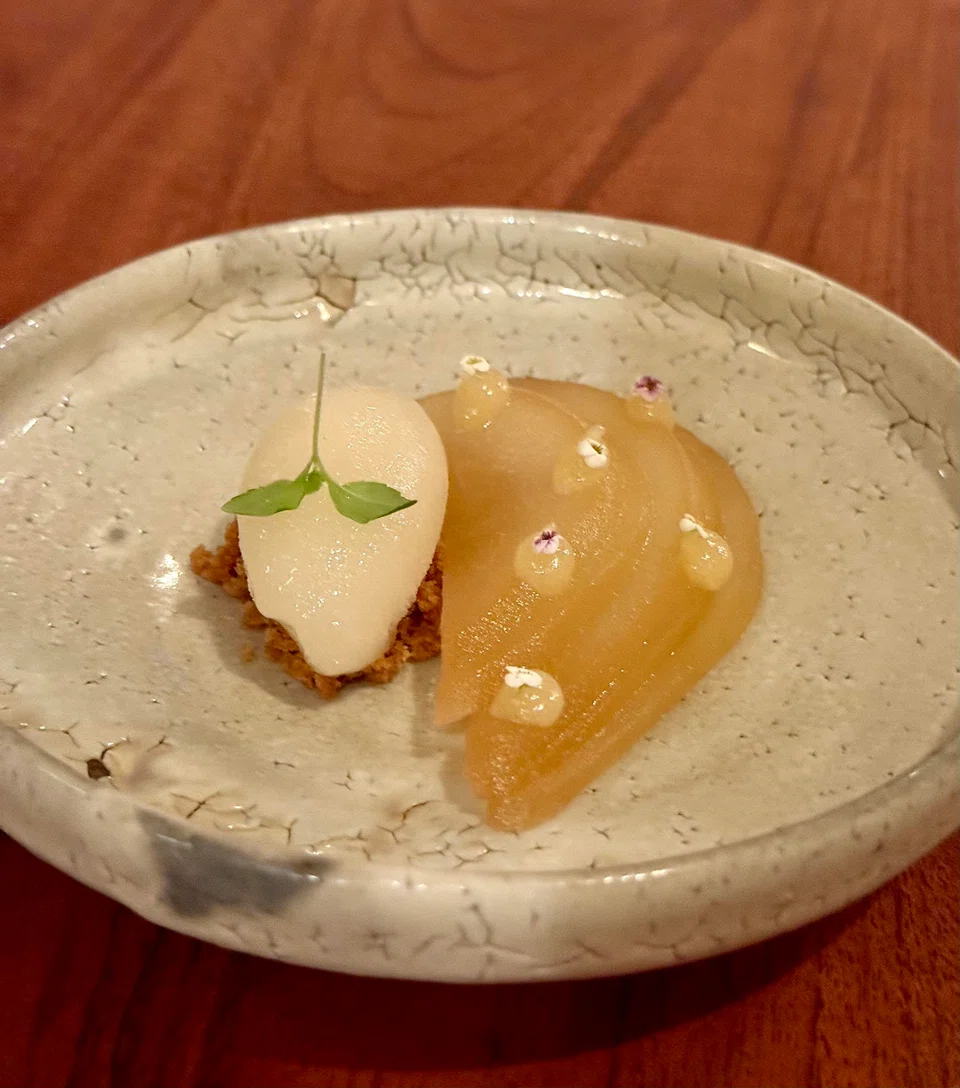 Poached pear and sorbet.