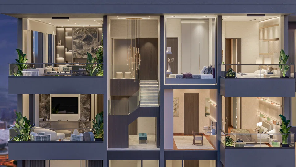 Each of the 6 Sky-Bungalows is 3,616 square feet (sq ft) in size, comes with five bedrooms and offers panoramic views of the city, being located from level 24 onwards of both the 30-storey North and South Towers of Midtown Modern.  